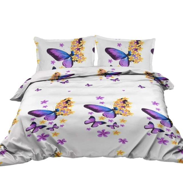 Conjunto de Cama 3 Peças com Design de Borboletas Roxas e Amarelas, Capa de Edredão e 2 Almofadas Decorativas