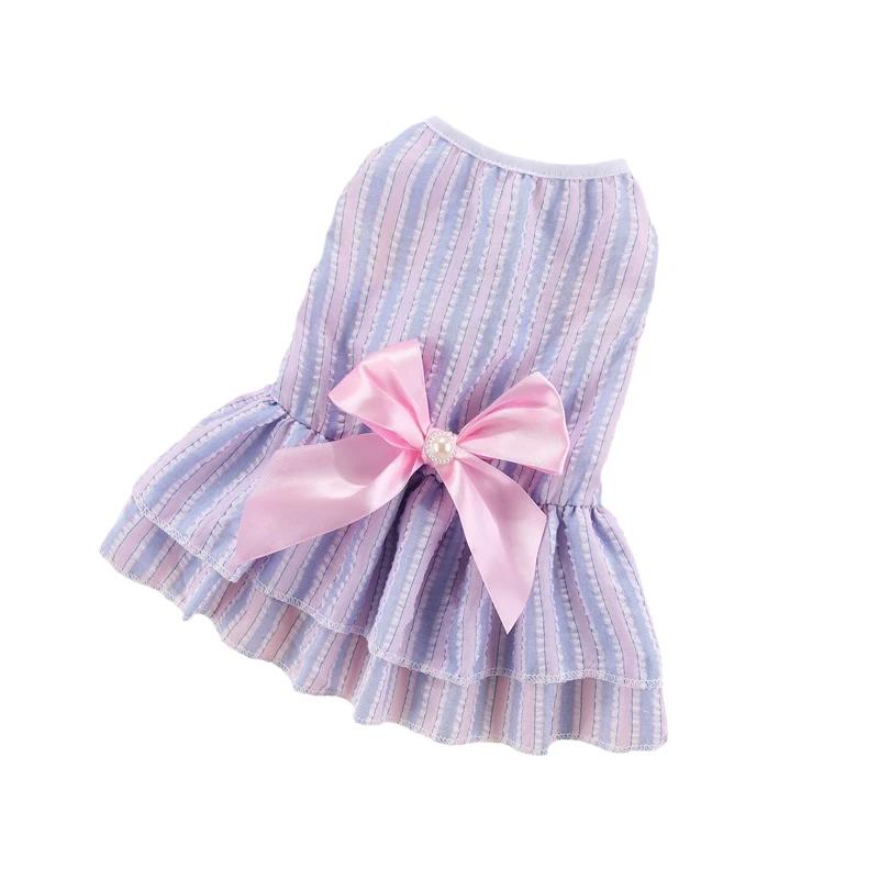 Gato filhote de cachorro princesa vestido de verão roupas para animais de estimação listrado xadrez vestidos com arco para gatos gatinho coelho sphynx roupas ropa para gato - Image 1