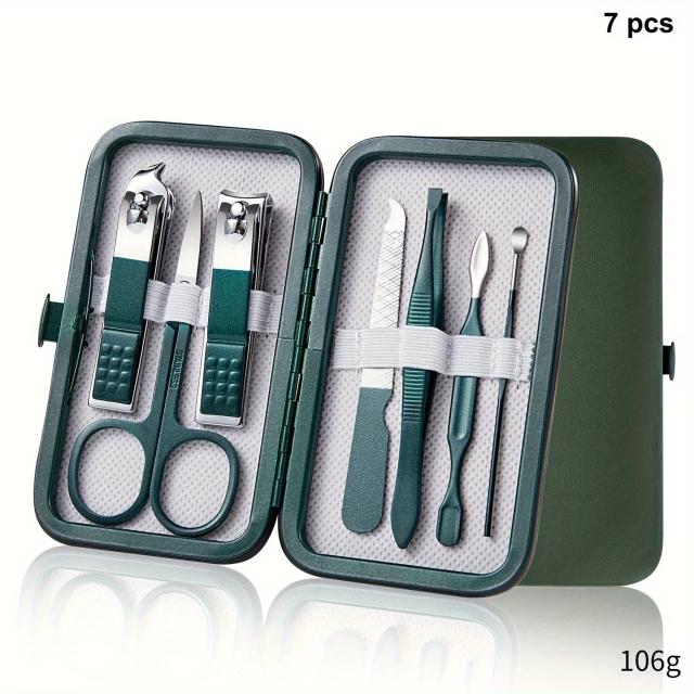 Conjunto de Cortadores de Unhas em Aço Inoxidável com Estojo Portátil - 7 Peças e 18 Peças para Manicure e Cuidados com as Unhas em Verde