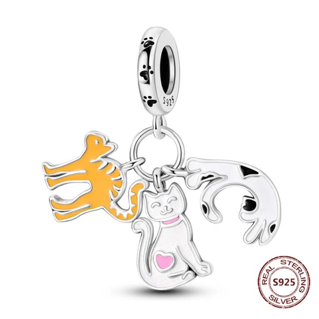 Pingente de Prata 925 com Trevo, Urso e Cão: Encantos para Pulseira DIY com Zircão e Corrente de Segurança
