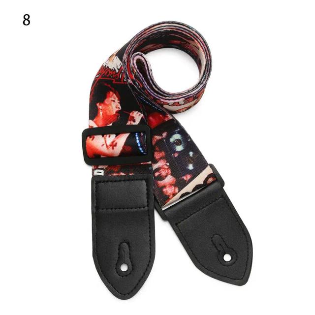 Correia de guitarra estampada em cores vibrantes com cinto de nylon ajustável e extremidades de couro PU para baixo e guitarra elétrica acústica