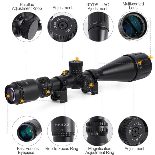 Mira óptica tática de longo alcance 6-24x50 aoeg, combinação de laser de ponto vermelho/verde, distância focal ajustável para caça