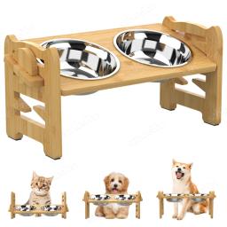 Tigelas de bambu ajustáveis para cães, Dog Feeder Stand, tigelas de aço inoxidável para cachorros e gatos, acessórios para animais de estimação - Image 1