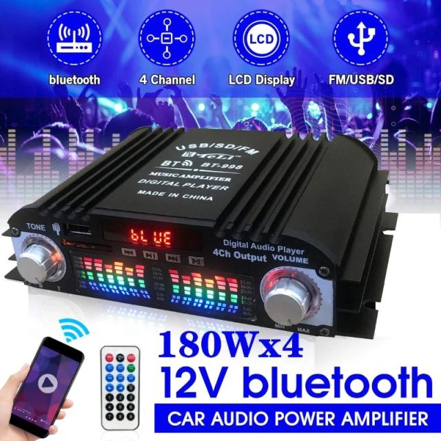 Amplificador de Potência para Carro com Bluetooth, Sistema de Áudio Estéreo, 4 Canais de Voz, Rádio FM, Leitor U Disk e Fonte DC 12V - Modelo BT-998