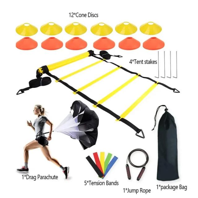 Kit Completo de Equipamentos de Treinamento de Futebol com Paraquedas, Discos, Cones, Sacos e Escadas de Agilidade para Melhorar Footwork e Velocidade