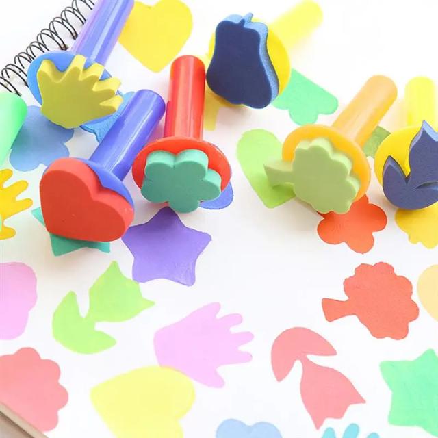 Conjunto de 6 Pincéis de Esponja e Carimbos Coloridos para Crianças e Estudantes - Ferramentas Criativas de Pintura e Desenho