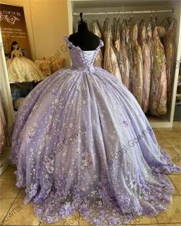 Vestido Quinceanera fora do ombro para menina, Vestido de baile roxo, Vestidos 3D frisados, Festa de aniversário, Vestidos de baile, Sweet 16, México - Image 5