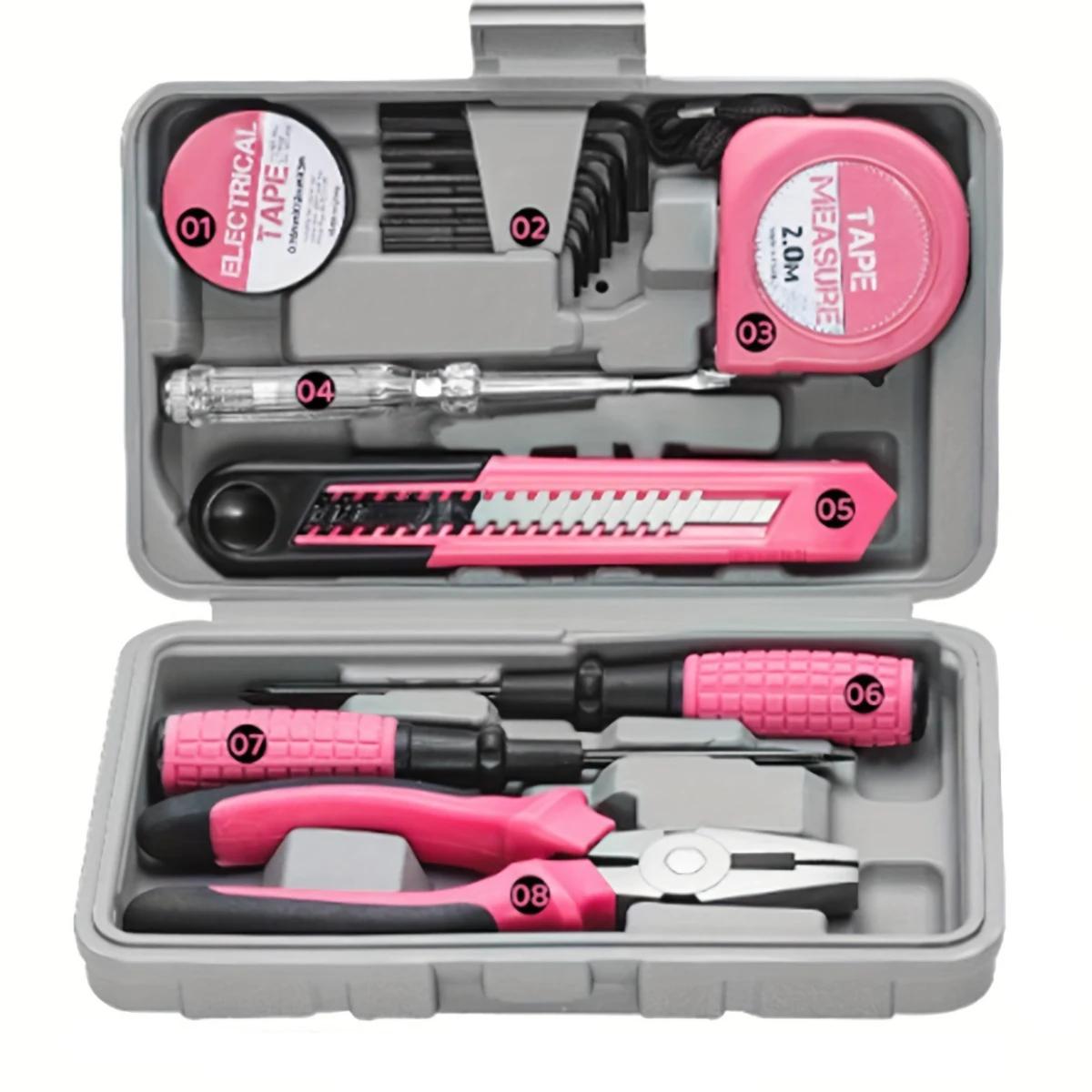 Conjunto de ferramentas domésticas para mulheres, rosa, bricolage, 13pcs kit básico inicial para senhoras, ferramentas básicas para casa, escritório e dormitório universitário - Image 1
