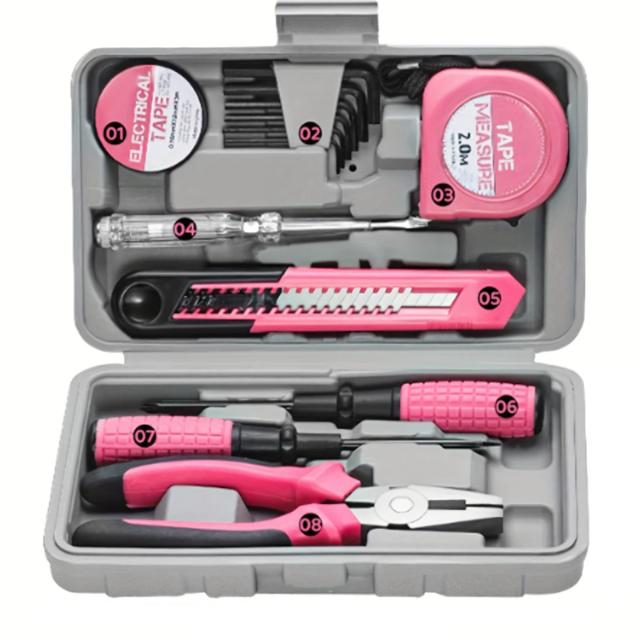 Conjunto de Ferramentas Domésticas Rosa para Mulheres - Kit Básico de 13 Peças Ideal para Casa, Escritório e Dormitório Universitário