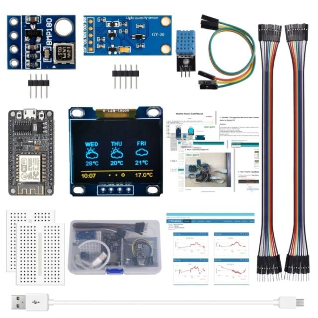 Kit Completo de Estação Meteorológica ESP8266 com Sensores de Umidade, Temperatura, Pressão Atmosférica e Luz, Display 0.96 para Arduino IDE