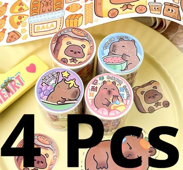 Fita Adesiva de Desenhos Animados de Capivara para Decoração e Scrapbooking, Ideal para Crianças e Presentes - 4 Rolos de Material Adesivo
