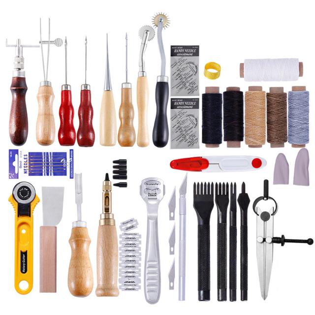 Conjunto Profissional de 61 Ferramentas para Artesanato em Couro - Kit Completo de Costura e Carving