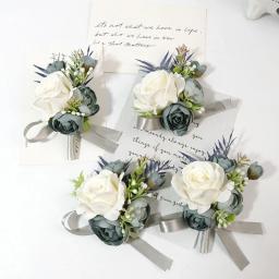 Empoeirado Azul Artificial Flores Casamento Boutonniere Corsage dama Noivo Handmade Acessórios Pulseira Casamento Pinos - Image 4