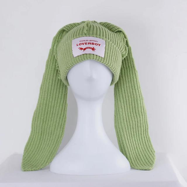 Chapéu de lã com orelha de coelho longo feito à mão para manter aquecido no outono e inverno Chapéu de malha de orelha longa de cor sólida coreana