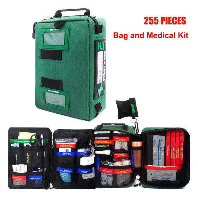 Kit de Primeiros Socorros Vazio com Tampa de Armazenamento - Ideal para Emergências em Caminhadas, Camping, Caça e Viagens, com 255 Peças para Cuidados com Feridas