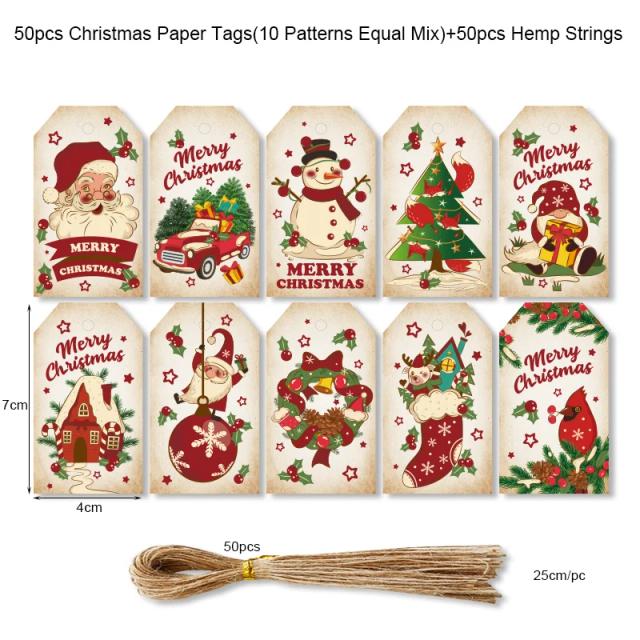 Tags de Natal Vintage com Corda - 50 Conjuntos de Papai Noel e Boneco de Neve para Embrulho e Decoração de Férias