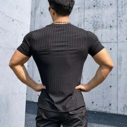 Camiseta elástica de fitness masculina com gola redonda, camiseta solta de manga curta esportiva verão, moda listra correndo top - Image 2