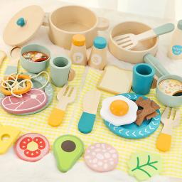 Brinquedos de cozinha de simulação de madeira para crianças, brinquedos educativos para educação infantil, panelas panela cozinhar fingir jogar, comida, dramatização - Image 1