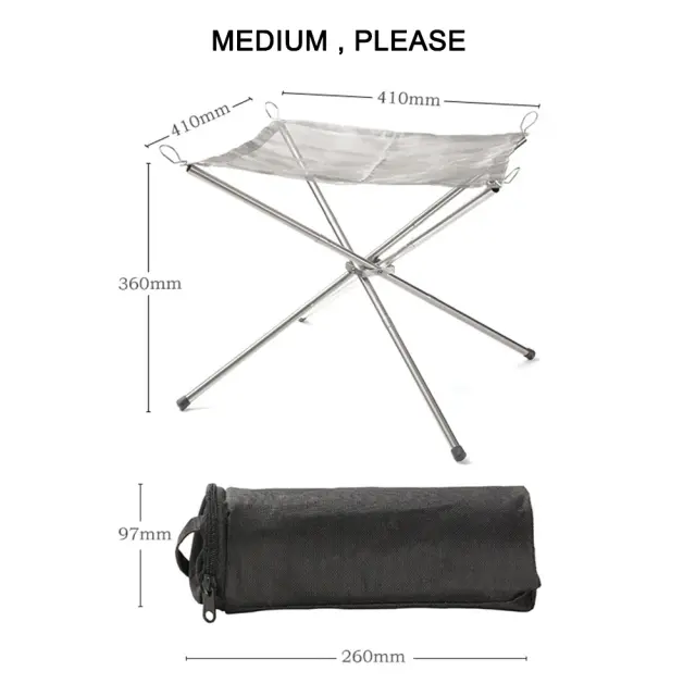 Fogueira Dobrável de Aço Inoxidável para Acampamento com Rack para Lenha e Malha de Fogo ao Ar Livre