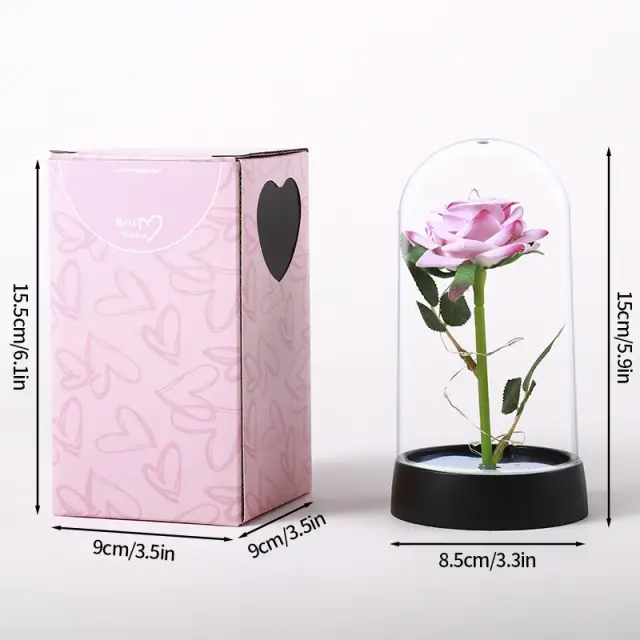 Flores Artificiais de Rosa em Tampa de Vidro Iluminada - Presente Perfeito para Aniversário de Casamento e Dia dos Namorados