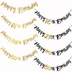 Banner de Aniversário Suspenso, Papel Preto e Dourado, Decoração de Festa de Aniversário, Aniversário, 16, 18, 21, 30, 40, 50, 60 anos - Image 1