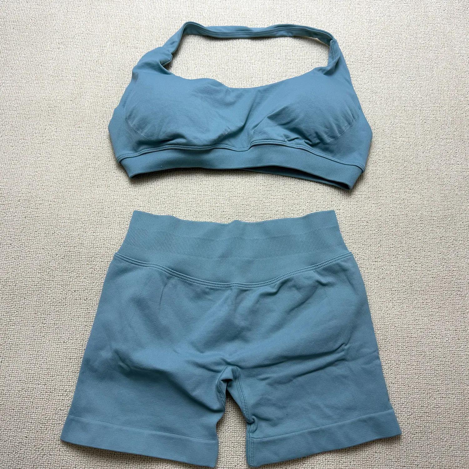 Nclagen conjunto esportivo feminino 2/3 peças roupas de ginástica treino impacto roupas esportivas terno de fitness sutiã calças curtas scrunch booty esporte outfit - Image 1