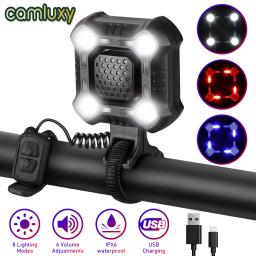 Camluxy 140db faróis de buzina de bicicleta ipx6 à prova d'água 4 leds lâmpada de ciclismo buzina elétrica carregamento usb campainha de alarme de segurança - Image 1
