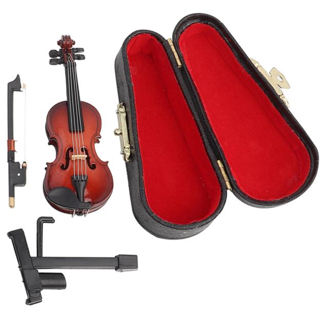 Miniatura de Violino em Madeira com Suporte e Estojo 8cm - Decoração Musical