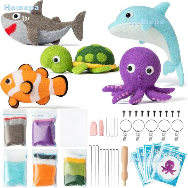 Kit de Feltro com Agulha de Lã Marinha para Iniciantes: Crie Tubarões, Tartarugas, Polvos e Golfinhos com Ferramentas DIY e Almofada de Espuma - Conjunto Completo com 5 Peças