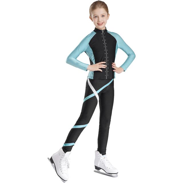 Jaqueta e Calças de Patinação no Gelo para Meninas com Strass: Trajes Artísticos de Ginástica Infantis