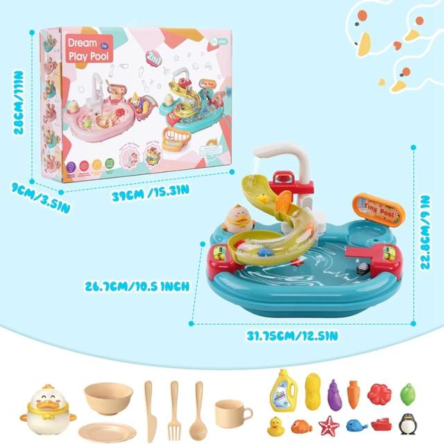 Brinquedo Pia de Cozinha 3 em 1 com Piscina de Pesca para Meninos e Meninas