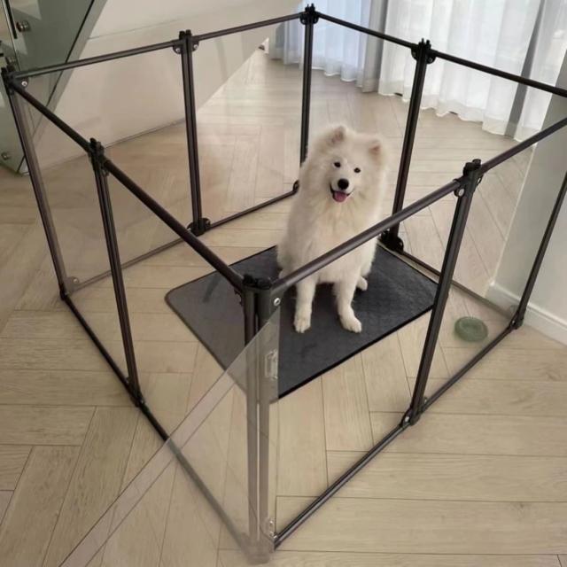 Casa Pet destacável grande em alumínio e acrílico com cerca interna transparente, ideal para cães e gatos.