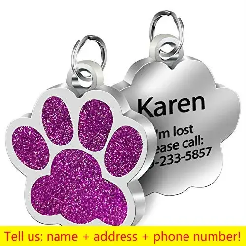 Tag de identificação personalizada para animais de estimação com nome gravado e design de pata brilhante para cães e gatos