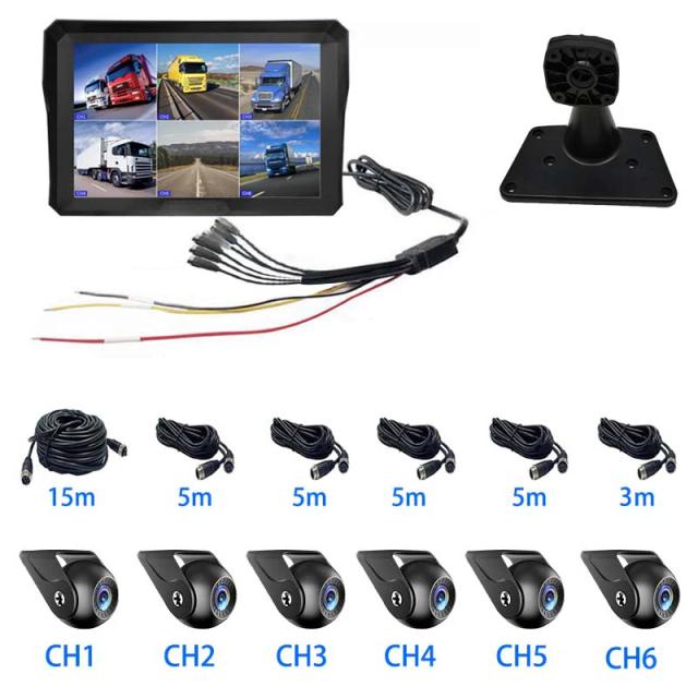 Sistema de Monitor de Câmera para Veículo de 10,1 Polegadas com Tela Touch, 6 Canais, 1080p AHD, Visão Noturna Starlight e Suporte para Caminhões, Ônibus e RV