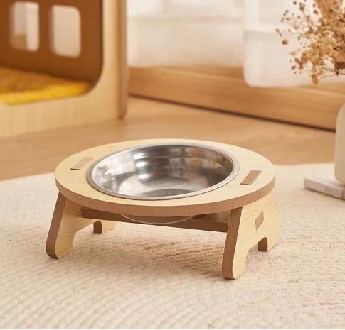 Alimentador Ajustável de Bambú para Cães, Gatos e Coelhos com Suporte para Comida e Água