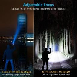 Lanternas LED de alta potência Zoomable, Tocha de acampamento com contas de lâmpada LED T6, Impermeável, 4 modos de iluminação, Carregador USB multifuncional - Image 2