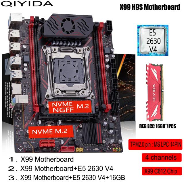Qiyida X99 H9S Placa-Mãe com CPU Xeon E5 2630 V4 e 16GB DDR4 ECC REG