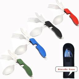 Aço inoxidável Folding Pocket Cutelaria, Camping Utensílios, Caminhadas Kits, Kits de Sobrevivência, Viagem, 4 em 1 - Image 4