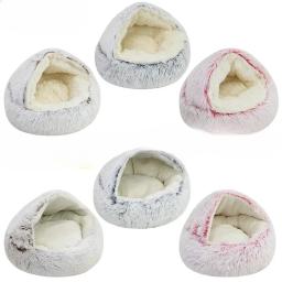 Almofada de pelúcia redonda para animais de estimação, cesta quente, saco de dormir, ninho de gato, canil, casinha, inverno, 2 em 1 - Image 5