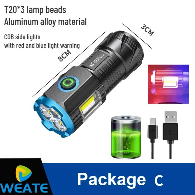 Lanterna Mini Super Brilhante e Poderosa, Tocha Recarregável USB em Liga de Alumínio para Camping e Alpinismo, Modelo 18350 3x
