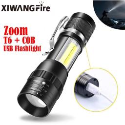 Lanterna LED portátil com bateria embutida, tocha de emergência à prova d'água, luz recarregável, luz de flash zoom, 3 modos, T6 COB - Image 2