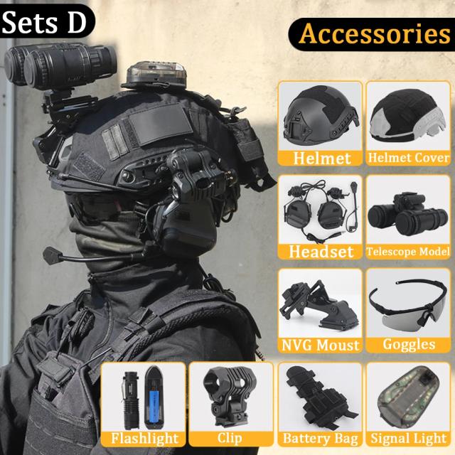 Conjunto Tático Airsoft para Paintball: Capacete, Headset, Óculos, Montagem NVG e Acessórios Telescópicos