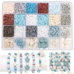 Kit de fabricação de joias para férias no oceano, turquesa, tartaruga, conchas, estrela do mar, contas de pedra natural e contas de argila de polímero, 2000 peças - Image 1