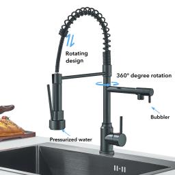 Torneira de pia de cozinha gourmet em aço inoxidável, Pull Down Misturador de água quente e fria, Torneira de guindaste com bico duplo - Image 3