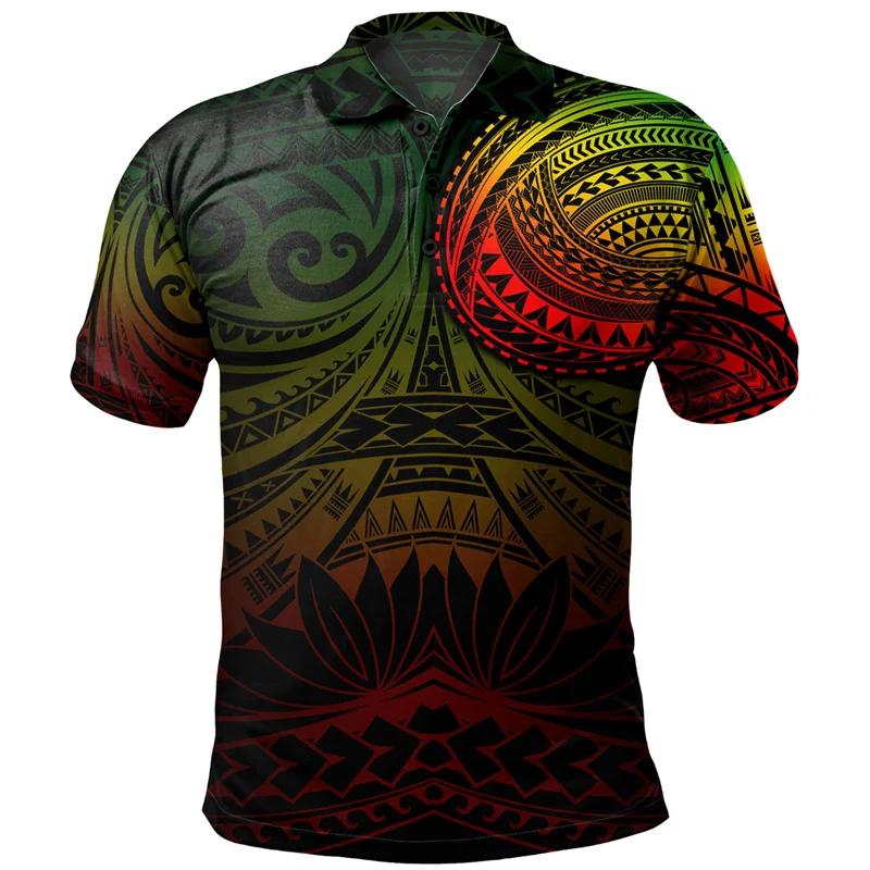 Camisa polo masculina de manga curta com botão de praia havaiano, camiseta solta de lapela, padrão tribal, verão - Image 1
