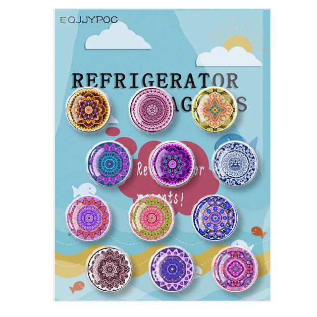 Conjunto de 12 Ímãs de Geladeira Mandala Retrô em Vidro Redondo - Acessórios Magnéticos Decorativos e Suporte para Notas 30mm