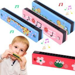 Harmonica cromática de madeira para crianças, 16 buracos, instrumento de sopro musical, mini desenhos animados, tom C, blues, brinquedos para crianças - Image 1