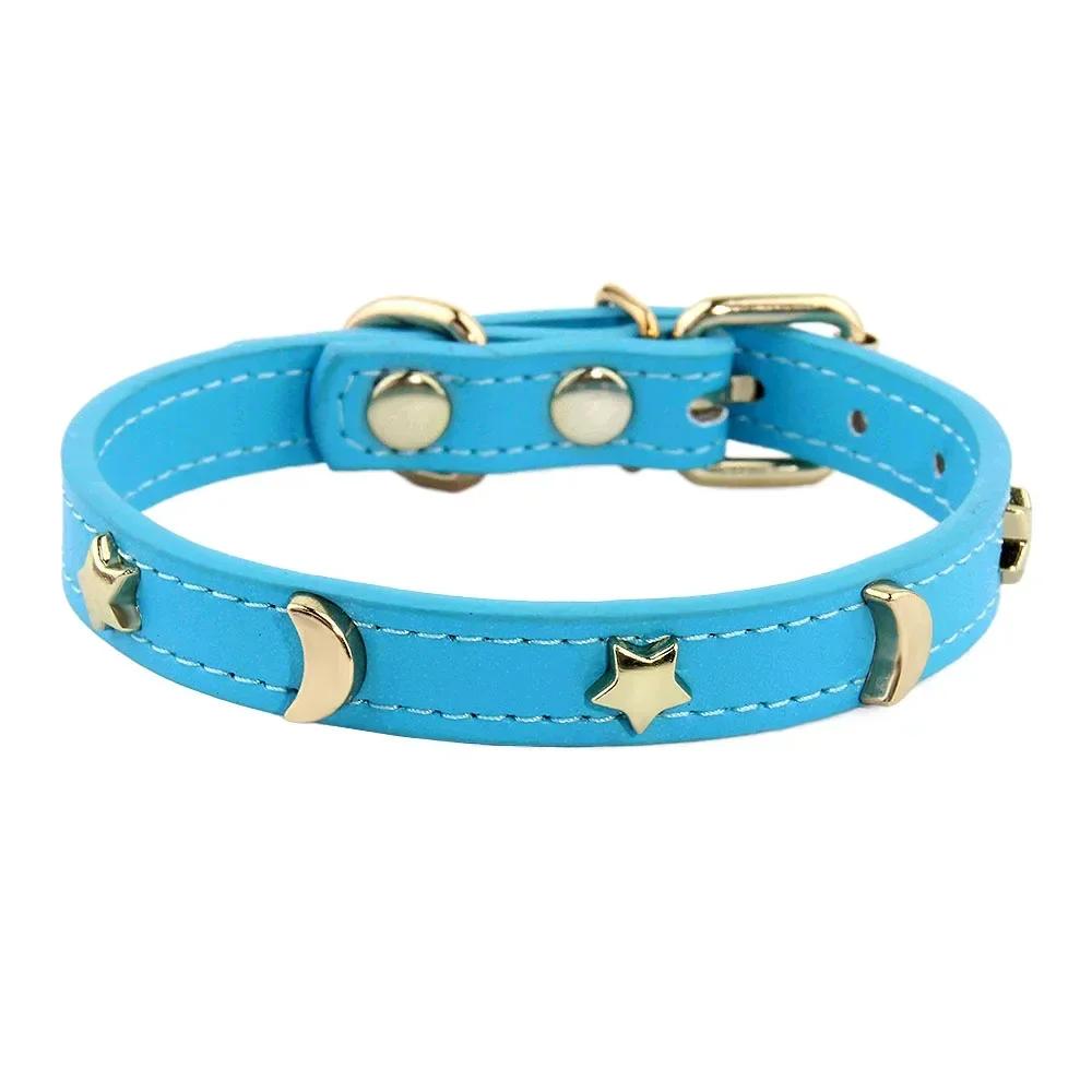 Coleiras de couro macio, colar bonito do gato, cão pequeno, gatinho, colar do filhote de cachorro, estrela, lua, rebites decoração, XS-M - Image 1