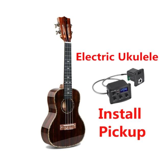 Ukulele Elétrico de Ébano: Mini Soprano, Tenor e Concert com Captador - 4 Cordas em Tamanhos de 21", 24" e 26"