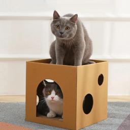 Casa de papelão destacável para gatos com coçar almofadas, arranhões de gato de camada dupla, cama lounge, papelão ondulado - Image 1